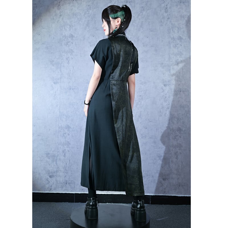 【古怪舍---升卿シリーズ】チャイナ風半袖漢服ワンピース 切り替え ブラック 黒色