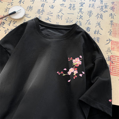 【VESIBOシリーズ】チャイナ風 半袖 Tシャツ 刺繍 花柄 梅の花 男女兼用 メンズ レディース ブラック ホワイト