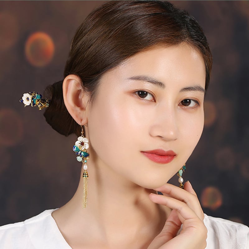 【煙雨江南シリーズ】チャイナ風イヤリング ピアス 2点セット 小物 アクセサリー フリンジ 花 レディース 気質アップ
