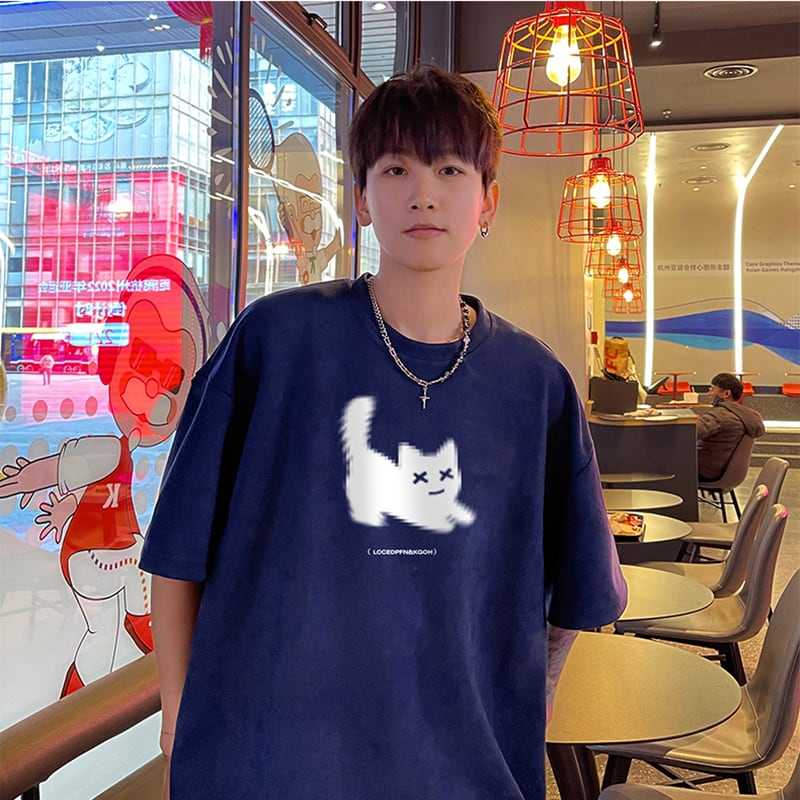 【NANSHIシリーズ】5色展開 Tシャツ 半袖 トップス 男女兼用 大きいサイズ スエード 猫柄 ねこ ネコ