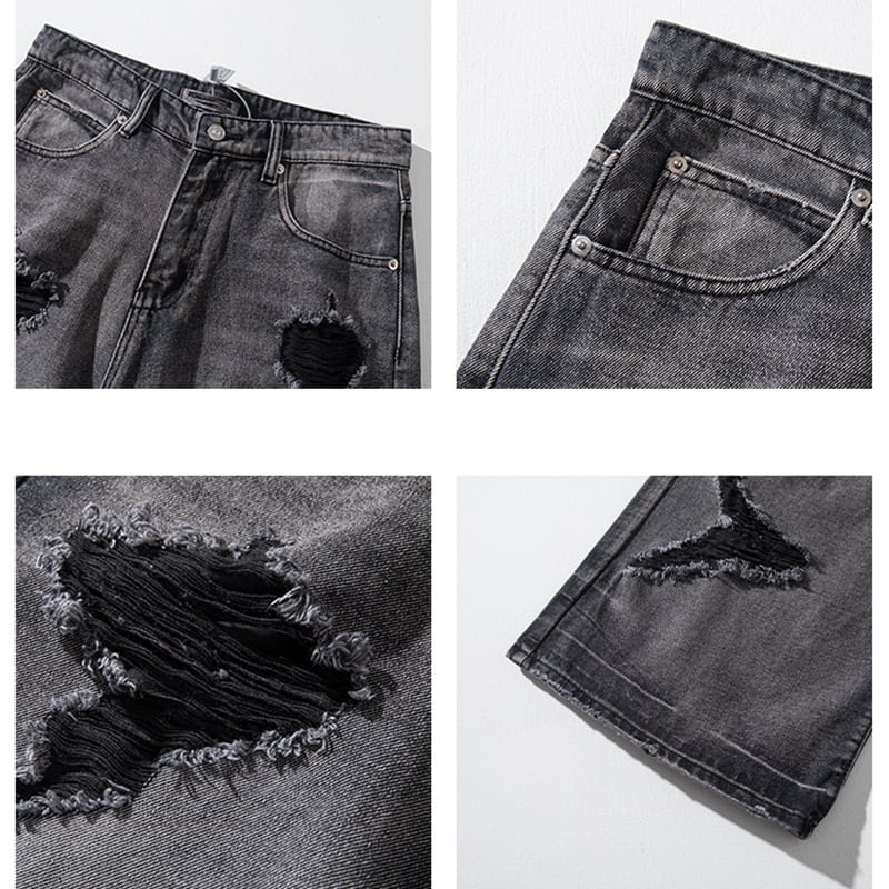 【GZXXシリーズ】デニムパンツ レディース メンズ ボトムス ダメージ加工 黒灰色 おしゃれ