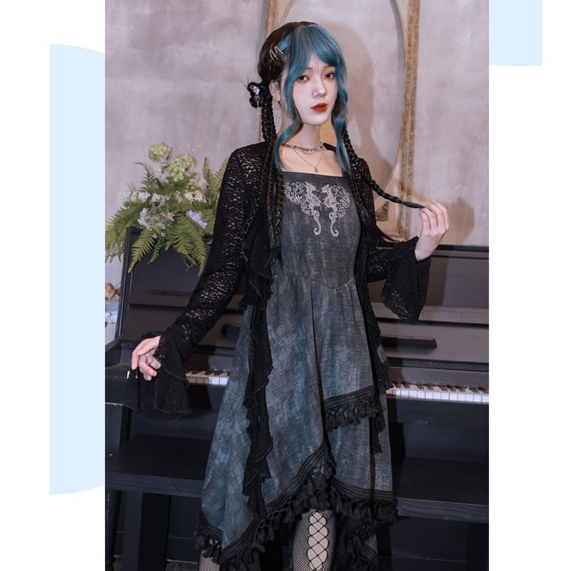 【古怪舍---海墟引シリーズ】チャイナ風 不規則プリント つりワンピース 可愛い 個性的 レディースドレス