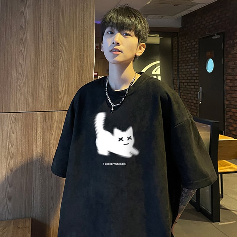 【NANSHIシリーズ】5色展開 Tシャツ 半袖 トップス 男女兼用 大きいサイズ スエード 猫柄 ねこ ネコ