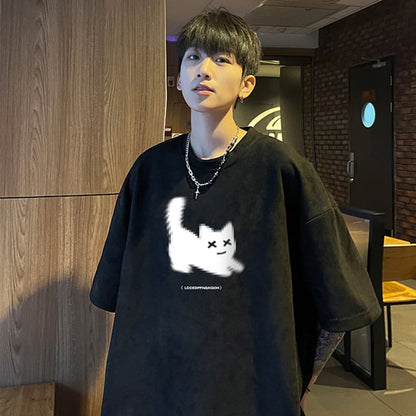 【NANSHIシリーズ】5色展開 Tシャツ 半袖 トップス 男女兼用 大きいサイズ スエード 猫柄 ねこ ネコ