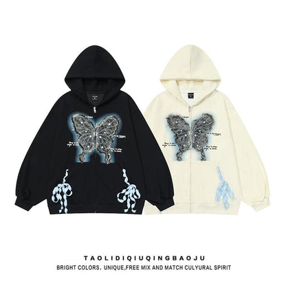 【FEEL LONELYシリーズ】★アウター★ 2COLOR パーカーアウター 男女兼用 メンズ 蝶々 合わせやすい ブラック アプリコット - ChinChic
