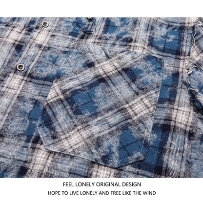 【FEEL LONELYシリーズ】★シャツ★ 2COLOR 長袖シャツ トップス チェック柄 男女兼用 メンズ ブラック ブルー - ChinChic