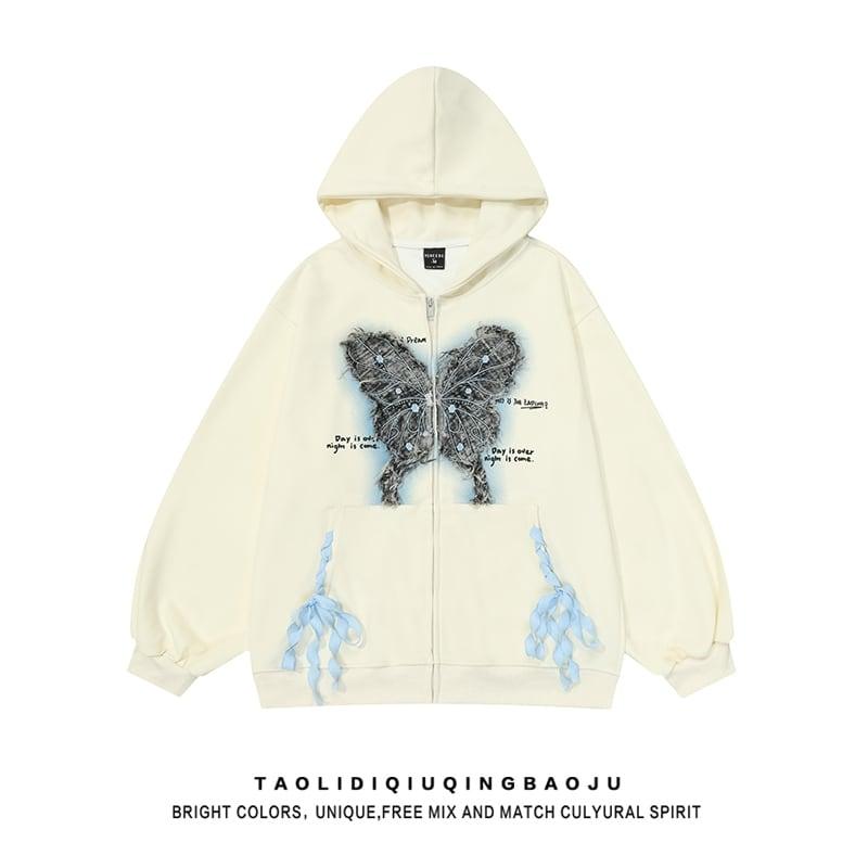 【FEEL LONELYシリーズ】★アウター★ 2COLOR パーカーアウター 男女兼用 メンズ 蝶々 合わせやすい ブラック アプリコット - ChinChic