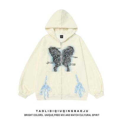 【FEEL LONELYシリーズ】★アウター★ 2COLOR パーカーアウター 男女兼用 メンズ 蝶々 合わせやすい ブラック アプリコット - ChinChic