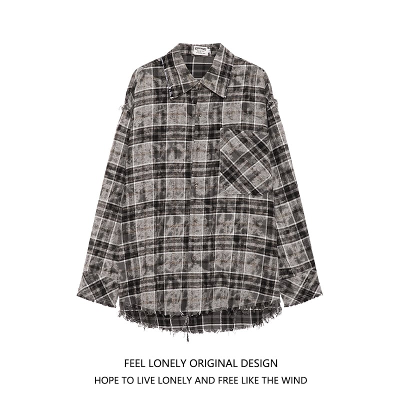 【FEEL LONELYシリーズ】★シャツ★ 2COLOR 長袖シャツ トップス チェック柄 男女兼用 メンズ ブラック ブルー - ChinChic