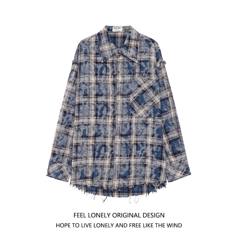 【FEEL LONELYシリーズ】★シャツ★ 2COLOR 長袖シャツ トップス チェック柄 男女兼用 メンズ ブラック ブルー - ChinChic