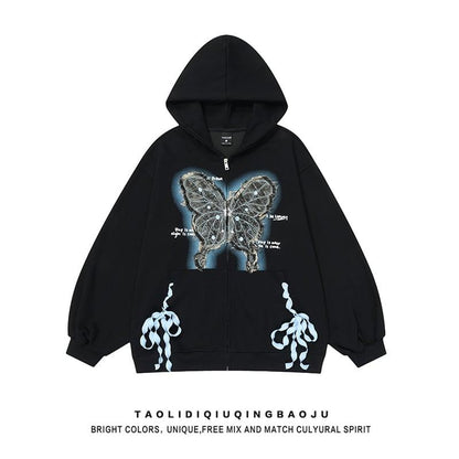 【FEEL LONELYシリーズ】★アウター★ 2COLOR パーカーアウター 男女兼用 メンズ 蝶々 合わせやすい ブラック アプリコット - ChinChic