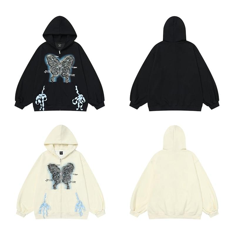 【FEEL LONELYシリーズ】★アウター★ 2COLOR パーカーアウター 男女兼用 メンズ 蝶々 合わせやすい ブラック アプリコット - ChinChic