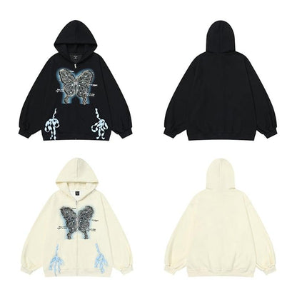 【FEEL LONELYシリーズ】★アウター★ 2COLOR パーカーアウター 男女兼用 メンズ 蝶々 合わせやすい ブラック アプリコット - ChinChic