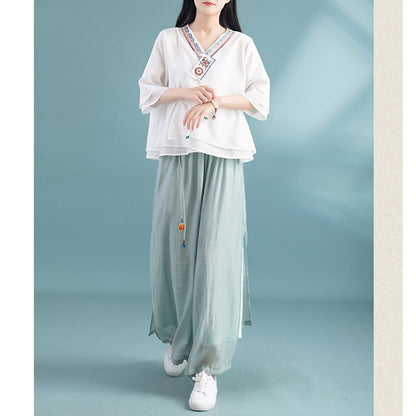 【清裊シリーズ】チャイナ風刺繍シャツ Vネック 4色展開 通販デザイン おしゃれトップス