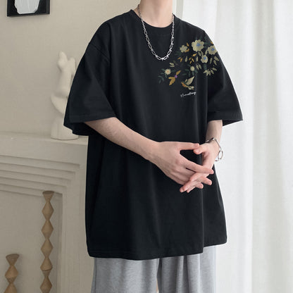 【KADISHOUシリーズ】チャイナ風トップス Tシャツ 半袖 男女兼用 大きいサイズ コットン 鳥 花柄 9色展開