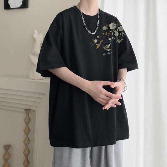 【KADISHOUシリーズ】チャイナ風トップス Tシャツ 半袖 男女兼用 大きいサイズ コットン 鳥 花柄 9色展開