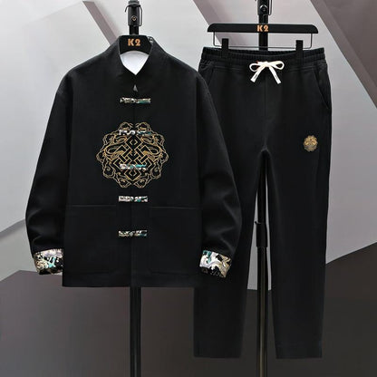 【GUOCHAOシリーズ】★チャイナ風セットアップ★ 5COLOR 改良唐装 刺繍 アウター+ズボン 男女兼用 メンズ 大きいサイズ - ChinChic
