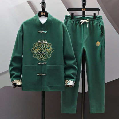 【GUOCHAOシリーズ】★チャイナ風セットアップ★ 5COLOR 改良唐装 刺繍 アウター+ズボン 男女兼用 メンズ 大きいサイズ - ChinChic