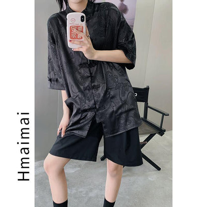 【HMAIMAIシリーズ】★チャイナ風トップス★ 2COLOR 龍紋 黒OR白 シャツ 男女兼用 メンズ カップル服 S M L - ChinChic