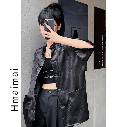 【HMAIMAIシリーズ】★チャイナ風トップス★ 2COLOR 龍紋 黒OR白 シャツ 男女兼用 メンズ カップル服 S M L - ChinChic