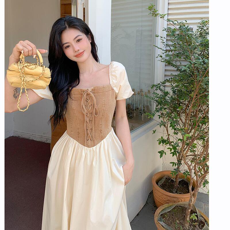 【JIGUJIGUシリーズ】★ワンピース★ 2COLOR 半袖 フェイクレイヤード 切り替え 大きいサイズ 着痩せ ブルー ブラウン - ChinChic