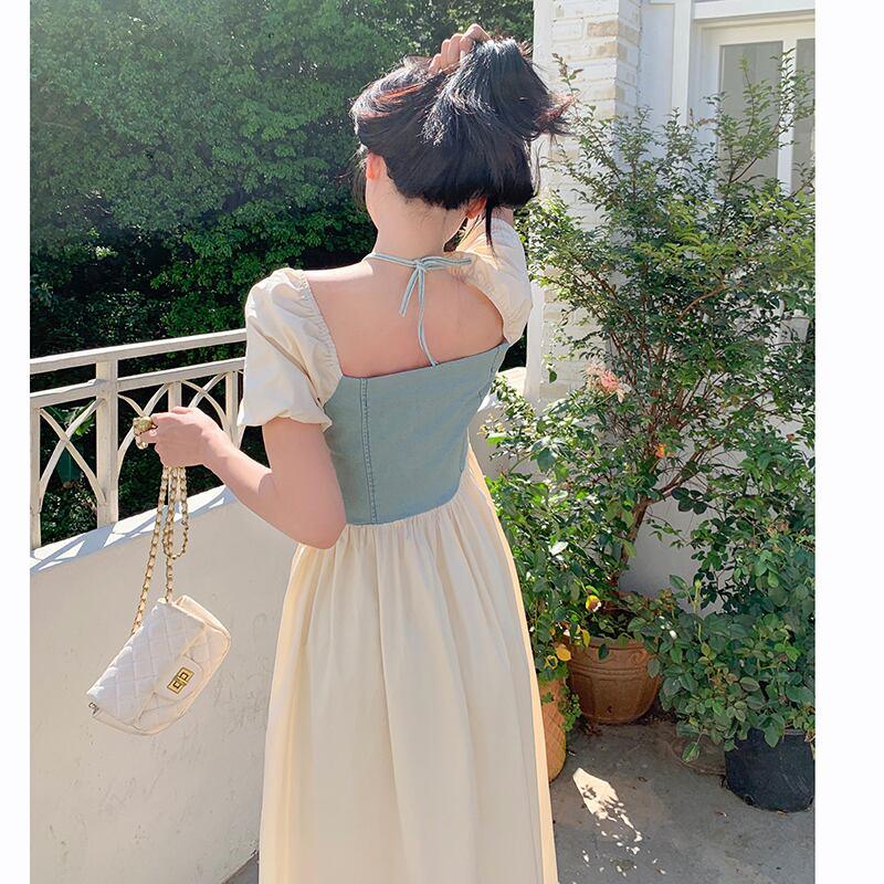 【JIGUJIGUシリーズ】★ワンピース★ 2COLOR 半袖 フェイクレイヤード 切り替え 大きいサイズ 着痩せ ブルー ブラウン - ChinChic