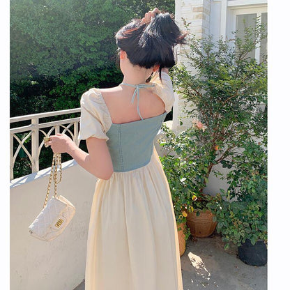 【JIGUJIGUシリーズ】★ワンピース★ 2COLOR 半袖 フェイクレイヤード 切り替え 大きいサイズ 着痩せ ブルー ブラウン - ChinChic