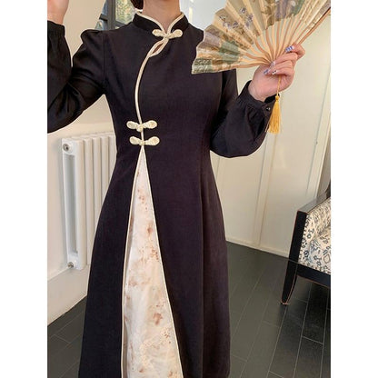 【JIGUJIGUシリーズ】★チャイナ風ワンピース★ ロングワンピース 切り替え フェイクレイヤード 中華服 ブラック 黒い - ChinChic