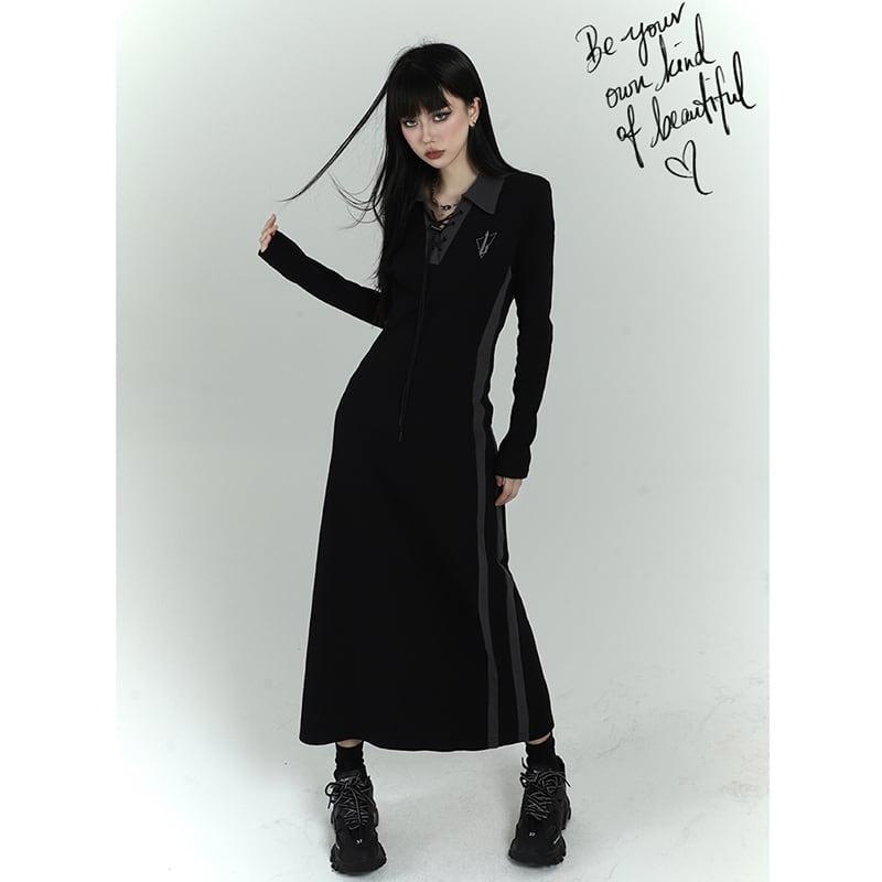 【LADYGHOSTシリーズ】★ワンピース★ ドレス POLOネック 着痩せ ロング丈ワンピース 可愛い S M L ブラック 黒い - ChinChic