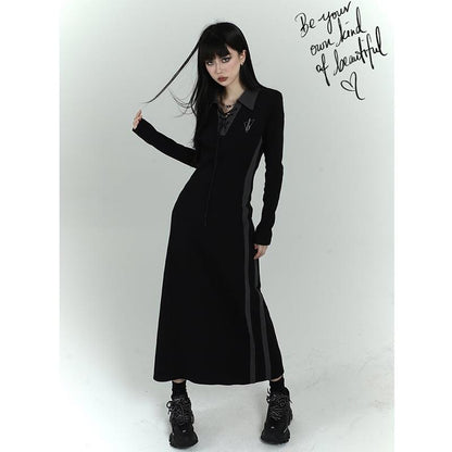 【LADYGHOSTシリーズ】★ワンピース★ ドレス POLOネック 着痩せ ロング丈ワンピース 可愛い S M L ブラック 黒い - ChinChic