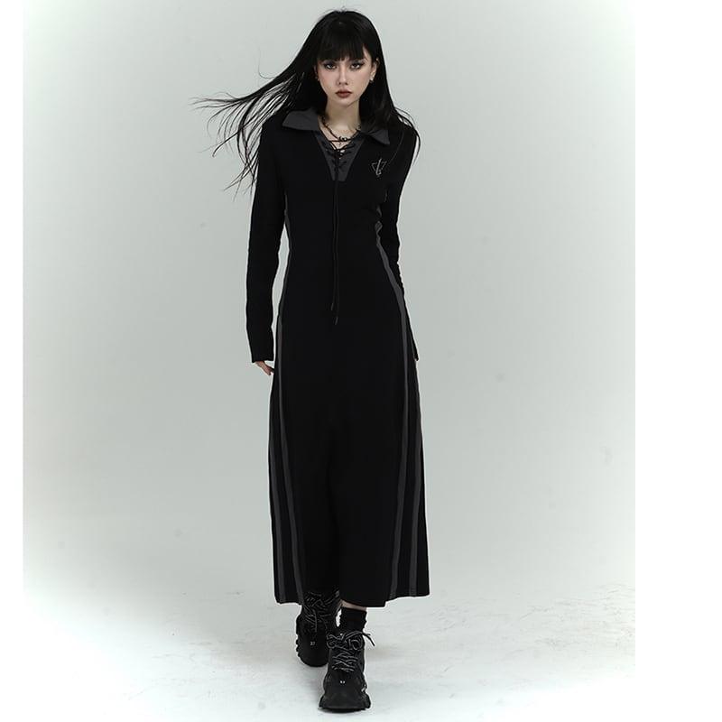 【LADYGHOSTシリーズ】★ワンピース★ ドレス POLOネック 着痩せ ロング丈ワンピース 可愛い S M L ブラック 黒い - ChinChic