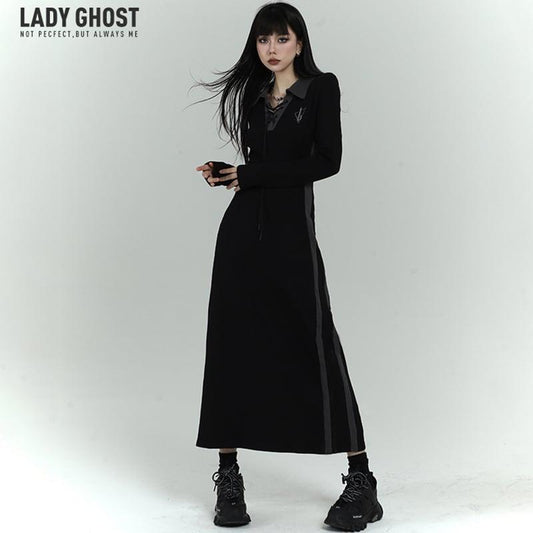 【LADYGHOSTシリーズ】★ワンピース★ ドレス POLOネック 着痩せ ロング丈ワンピース 可愛い S M L ブラック 黒い - ChinChic