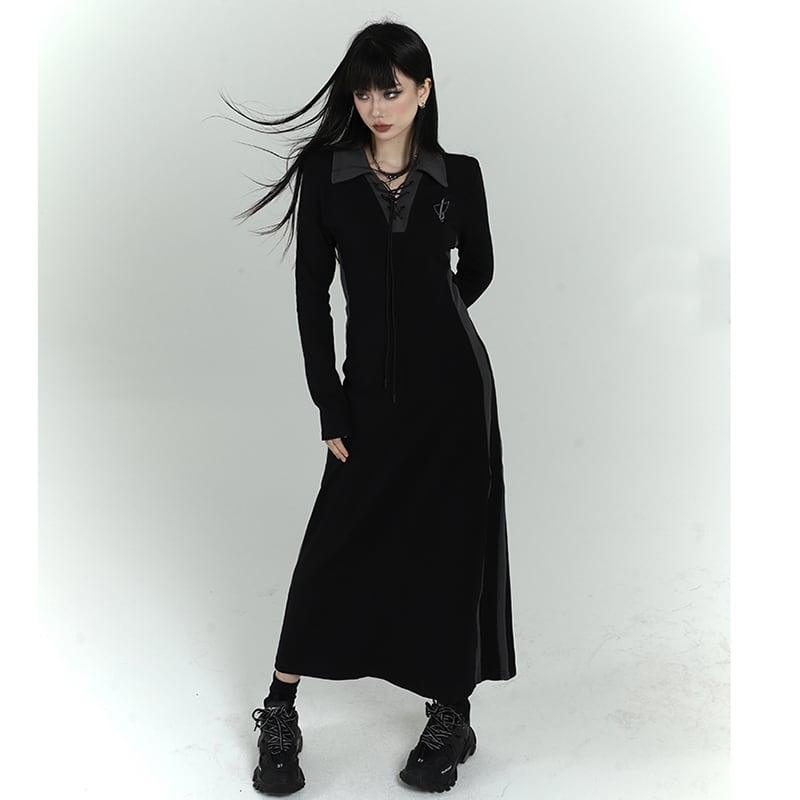 【LADYGHOSTシリーズ】★ワンピース★ ドレス POLOネック 着痩せ ロング丈ワンピース 可愛い S M L ブラック 黒い - ChinChic