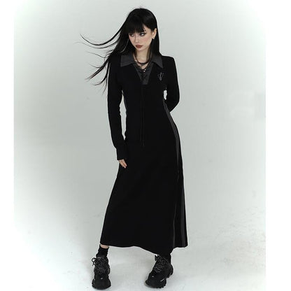 【LADYGHOSTシリーズ】★ワンピース★ ドレス POLOネック 着痩せ ロング丈ワンピース 可愛い S M L ブラック 黒い - ChinChic