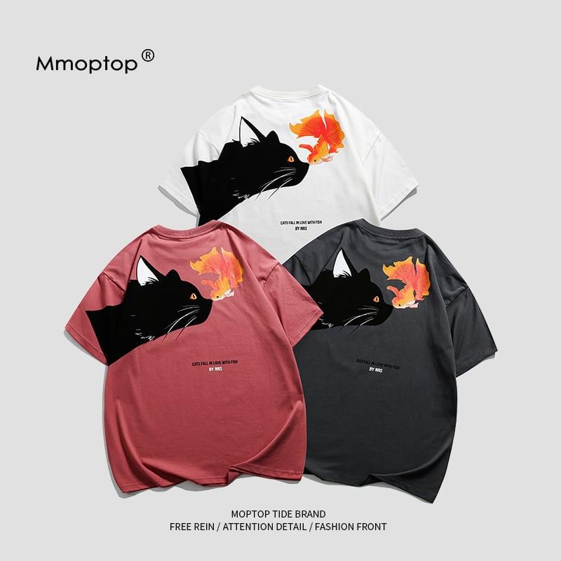 【MMOPTOPシリーズ】★Tシャツ★ 3COLOR トップス 半袖Tシャツ 男女兼用 メンズ コットン 猫 ねこ ネコ - ChinChic