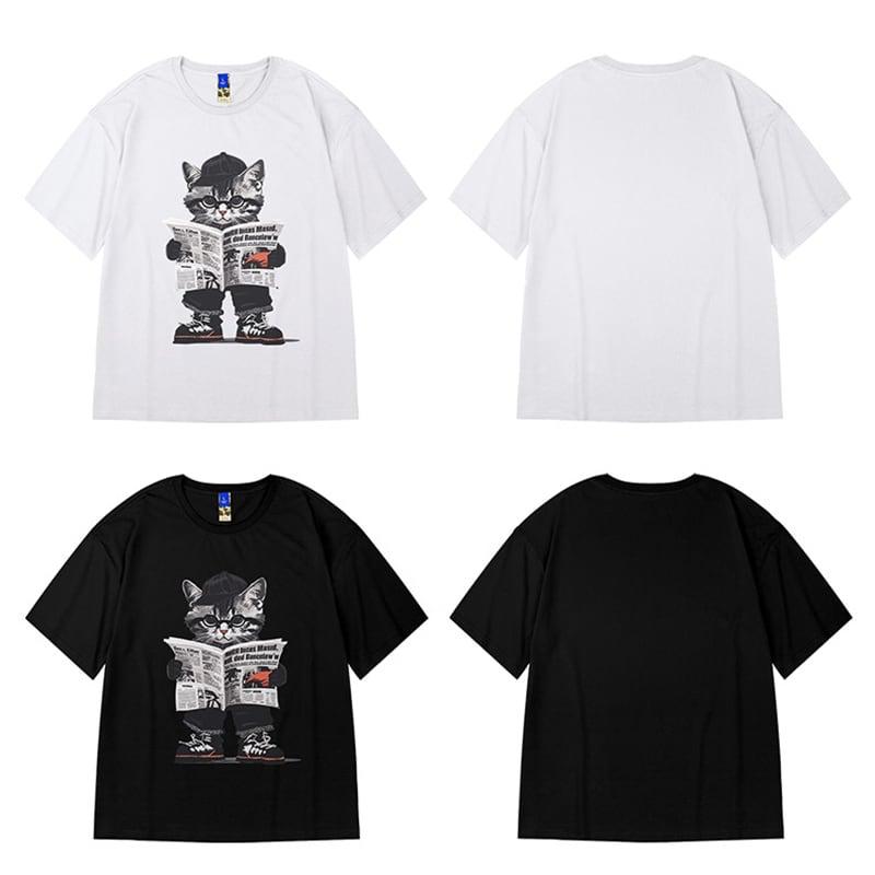 【MOYANシリーズ】★トップス★ 2COLOR Tシャツ 半袖 男女兼用 メンズ 大きいサイズ ネコ 猫 ねこ 可愛い - ChinChic