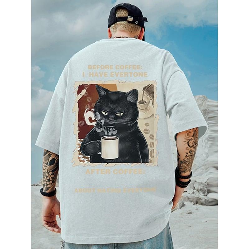 おすすめ！【MOYANシリーズ】★Tシャツ★綿100％ 厚て3COLOR トップス ネコ ねこ 猫 男女兼用 メンズ 大きいサイズ 黒 白 コーヒー色 - ChinChic