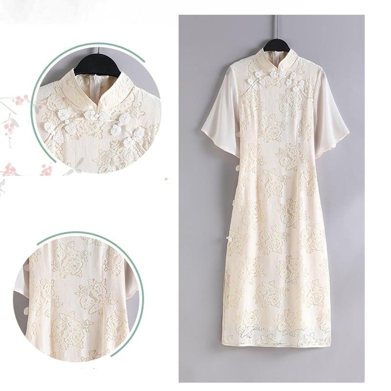 【PEIYAシリーズ】★レースチャイナドレス★ ワンピース 花火大会 結婚式 ベージュ S M L XL 着痩せ - ChinChic