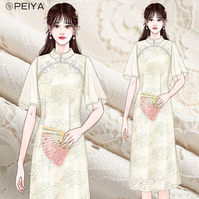 【PEIYAシリーズ】★レースチャイナドレス★ ワンピース 花火大会 結婚式 ベージュ S M L XL 着痩せ - ChinChic