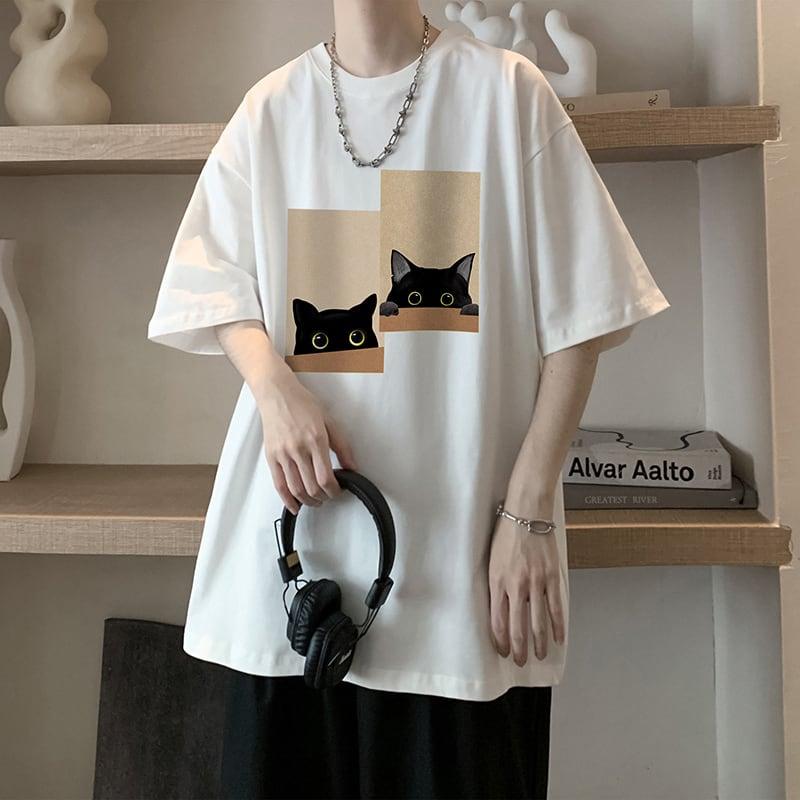 【PPGシリーズ】★Tシャツ★ 5COLOR トップス 男女兼用 メンズ 猫 ねこ ネコ 可愛い 黒 白 青 灰 大きいサイズ - ChinChic