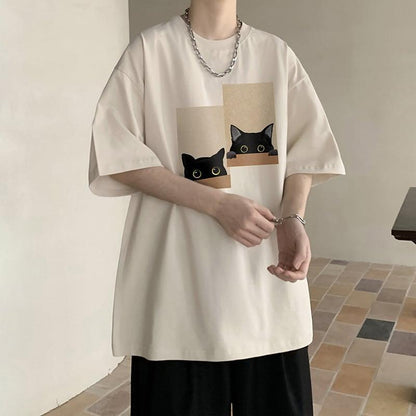 【PPGシリーズ】★Tシャツ★ 5COLOR トップス 男女兼用 メンズ 猫 ねこ ネコ 可愛い 黒 白 青 灰 大きいサイズ - ChinChic