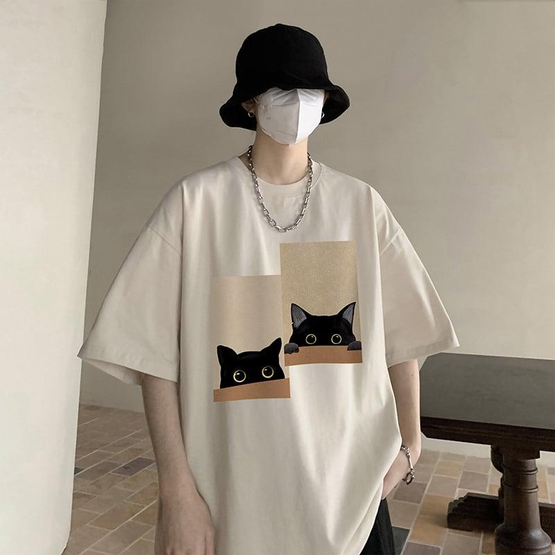 【PPGシリーズ】★Tシャツ★ 5COLOR トップス 男女兼用 メンズ 猫 ねこ ネコ 可愛い 黒 白 青 灰 大きいサイズ - ChinChic