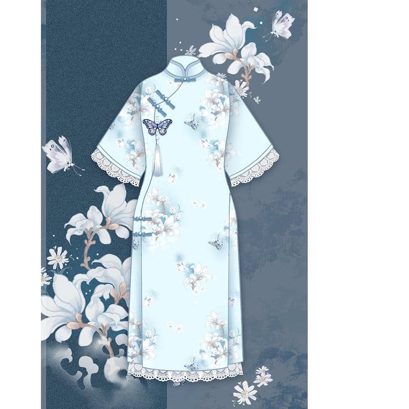 【塵煙雲夢--- 雲蘭玉錦シリーズ】★チャイナ風ワンピース★ チャイナドレス 中華服 半袖 ロング丈 蝶々飾り物付き - ChinChic