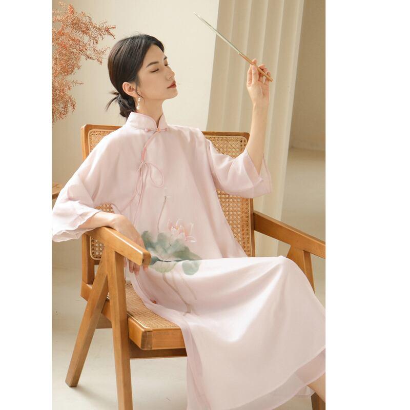 【拾夢シリーズ】★チャイナ風ワンピース★ エレガント 中華服 唐装 レトロ プリント 夏服 蓮 ピンク - ChinChic