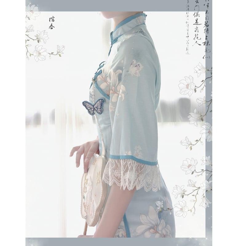 【塵煙雲夢--- 雲蘭玉錦シリーズ】★チャイナ風ワンピース★ チャイナドレス 中華服 半袖 ロング丈 蝶々飾り物付き - ChinChic