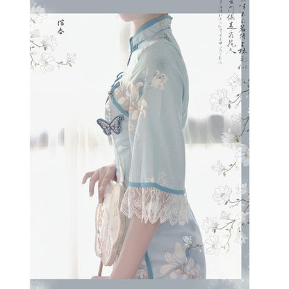 【塵煙雲夢--- 雲蘭玉錦シリーズ】★チャイナ風ワンピース★ チャイナドレス 中華服 半袖 ロング丈 蝶々飾り物付き - ChinChic