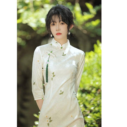【美拉丁シリーズ】★チャイナドレス★ チャイナ風ワンピース レース 七分袖 スリット 優雅 可愛い 白い ホワイト - ChinChic