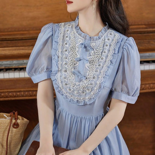 【華莎の城シリーズ】★ワンピース★ ドレス スウィート 可愛い 通勤 結婚式 デート 夏服 ブルー 青い - ChinChic