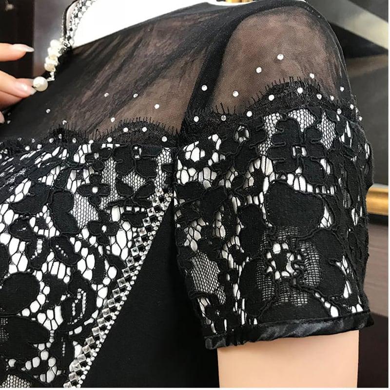 【威絲璐シリーズ】★チャイナドレス★ ワンピース ロングドレス パーティードレス 半袖 切り替え レース 着痩せ - ChinChic