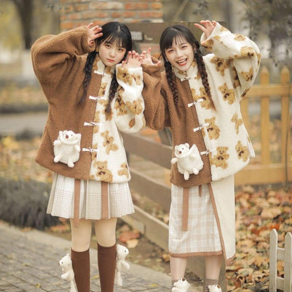 【観織シリーズ】★チャイナ風コート★ アウター もふもふ チャイナボタン くま ベアー 熊 可愛い 暖かい 厚て - ChinChic